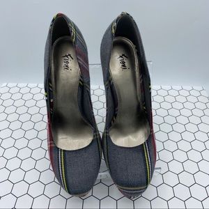 Fiona Gray, Yellow, White, Red, Black Plaid Heels